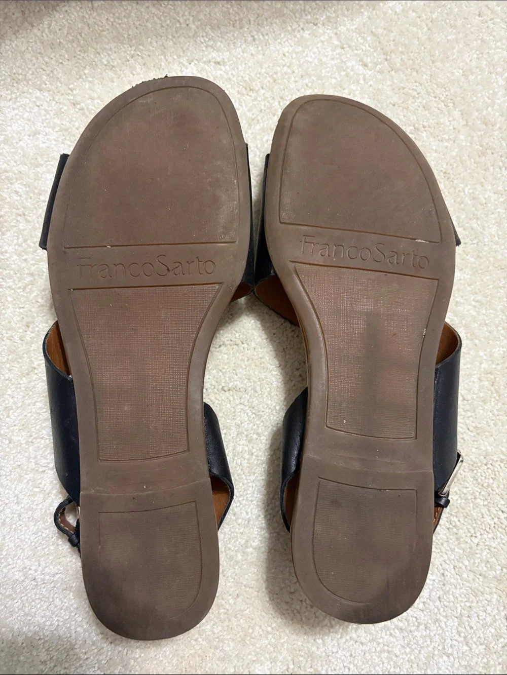 Franco Sarto Black and Brown Cross-Strap Buckle Sandals